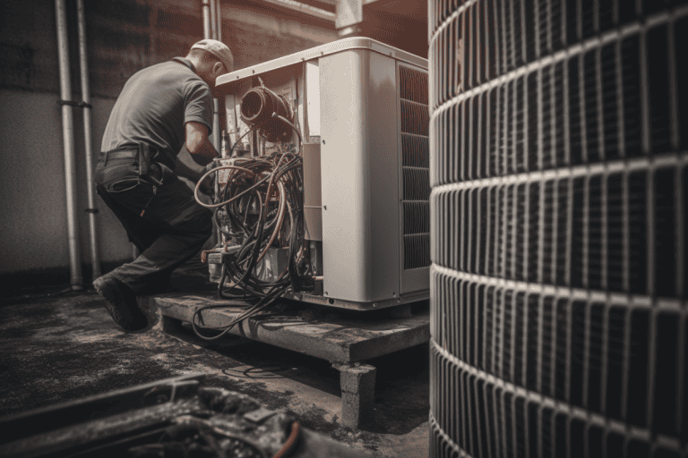 a professional technician in uniform performs maintenance on an air conditioning unit, checking for leaks and recharging the refrigerant to ensure optimal performance.