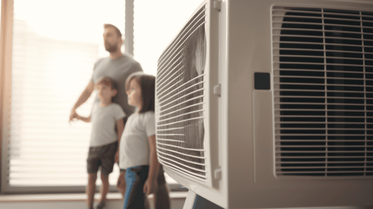 A malfunctioning air-conditioner unit with its sensors not working, a family in the background, the sound of tools and machines in the air