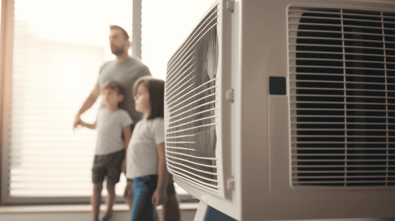 A malfunctioning air-conditioner unit with its sensors not working, a family in the background, the sound of tools and machines in the air