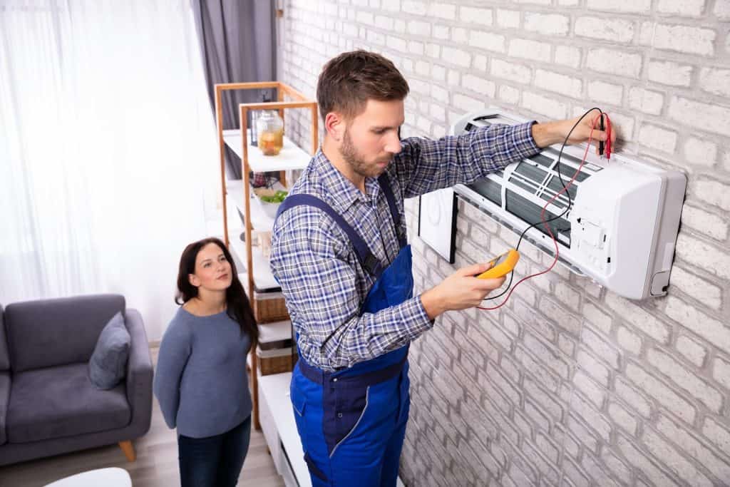 ALP Heating HVAC technician inspecting ductless AC system to identify potential freeze-up risks, including airflow issues and refrigerant levels