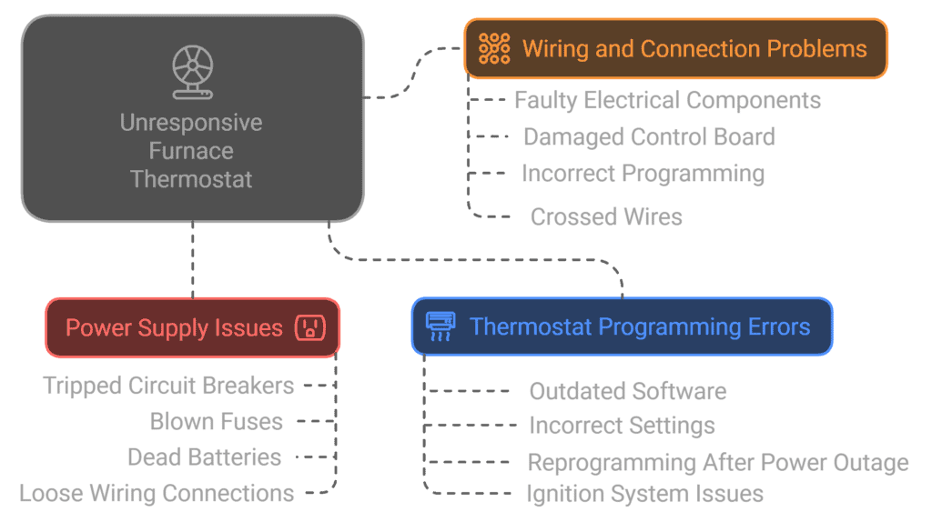 common causes of unresponsive furnace thermostats, such as dead batteries, tripped circuit breakers, loose wiring, calibration issues, and thermostat power failures that prevent heating.