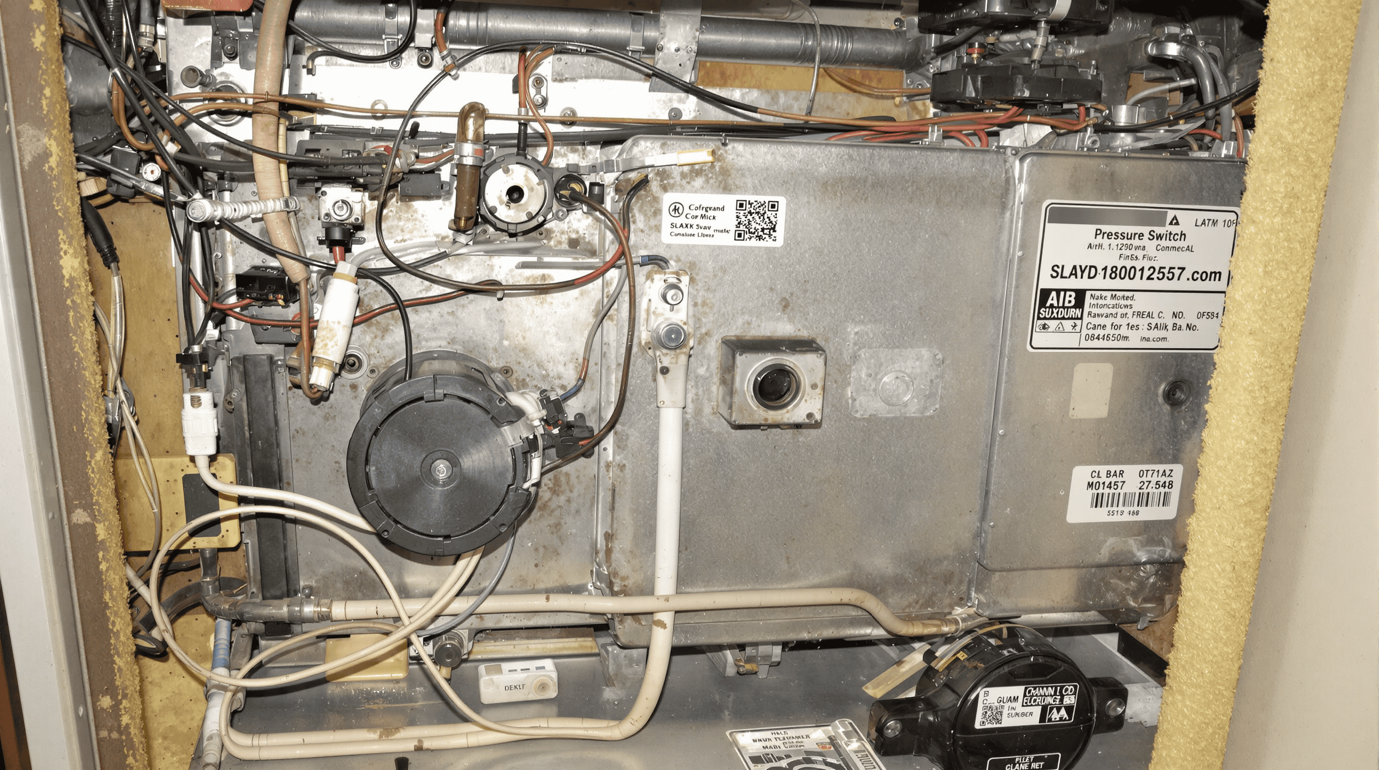 A close-up of an open furnace component showing detailed wiring connected to the pressure switch, highlighting areas for troubleshooting common furnace pressure switch problems.