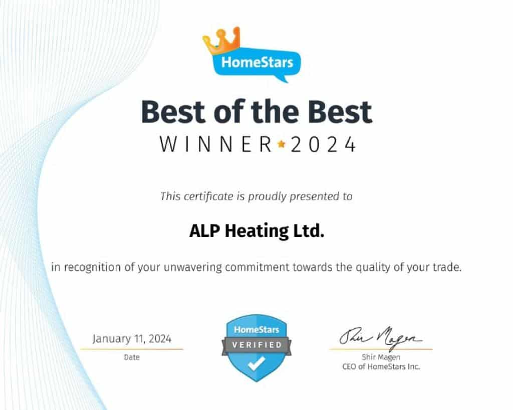 ALP Heating awarded HomeStars Best of the Best 2024 for top HVAC services in Vaughan, Newmarket, Markham, and more