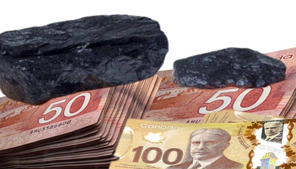 Canadian bills stacked with coal pieces, symbolizing the cost range of furnace installation in Ontario, from $3,500 to $7,500.