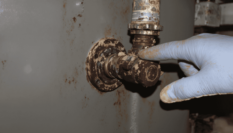 Close-up of a rusted furnace gas valve showing corrosion and debris buildup with a gloved hand inspecting for potential gas valve failure in a dimly lit basement