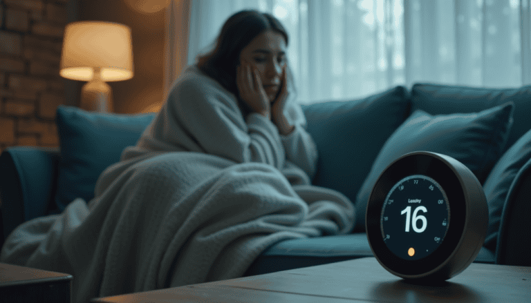 Furnace keeps turning off, causing a person to be bundled in a blanket, shivering on a couch in a cold living room.