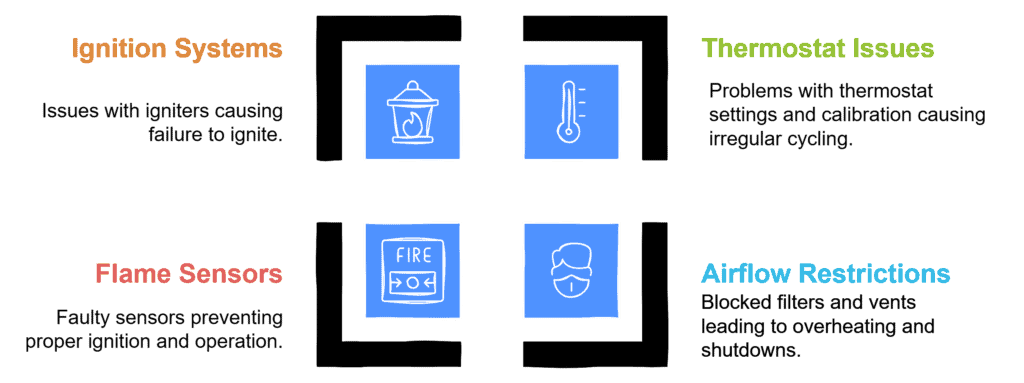 nfographic showing common causes of frequent furnace shutoffs, including ignition system issues, thermostat malfunctions, flame sensor problems, and airflow restrictions