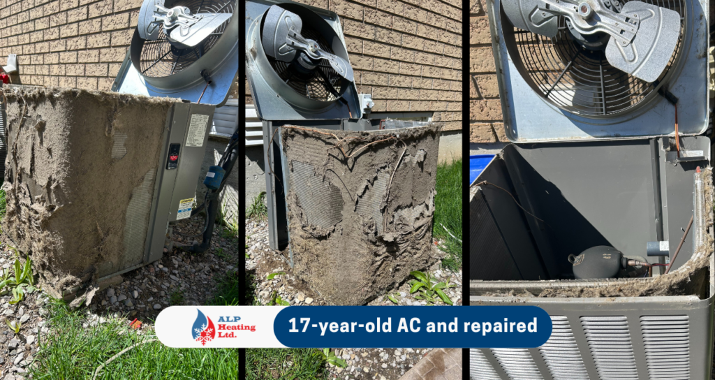 Severely clogged 17-year-old air conditioner repaired by ALP Heating in Vaughan, Ontario