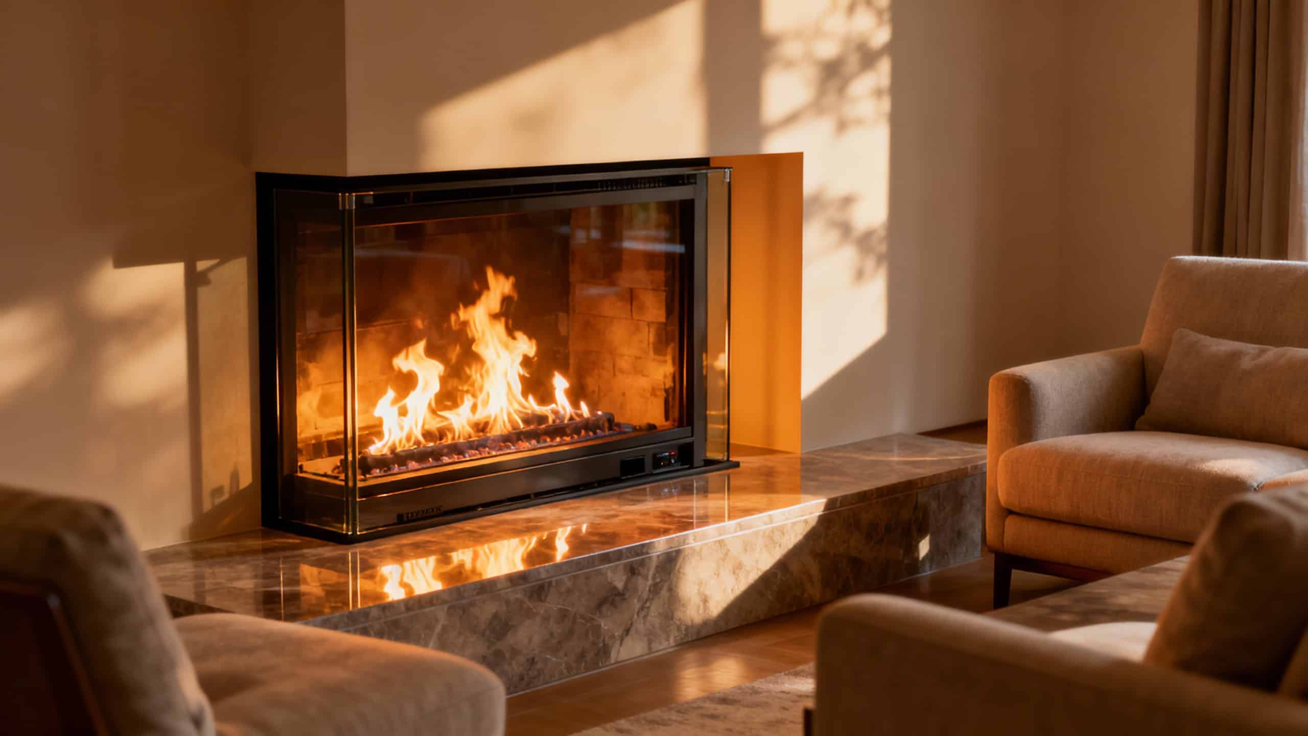 Cozy living room with modern fireplace and comfortable beige sofas, warm lighting, and natural sunlight creating a welcoming atmosphere, ideal for home heating and relaxation.