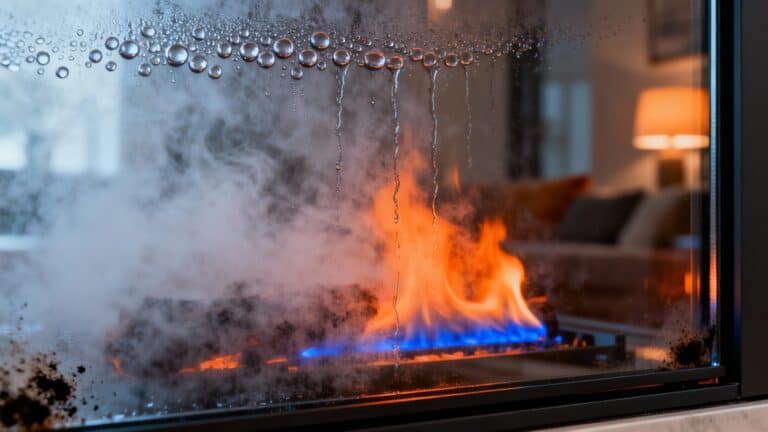 Flame and smoke inside a glass-enclosed gas fireplace showcasing modern home heating solutions.