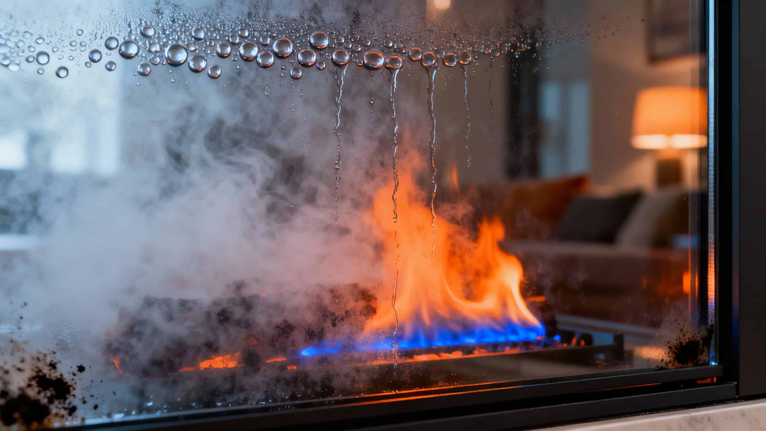 Flame and smoke inside a glass-enclosed gas fireplace showcasing modern home heating solutions.