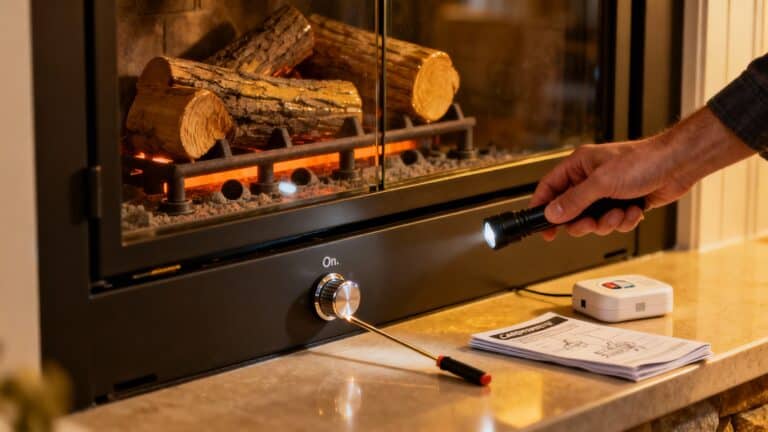 Warm fireplace with logs, expert inspecting or maintaining heating system, cozy home heating setup, efficient wood-burning stove, professional fireplace service.