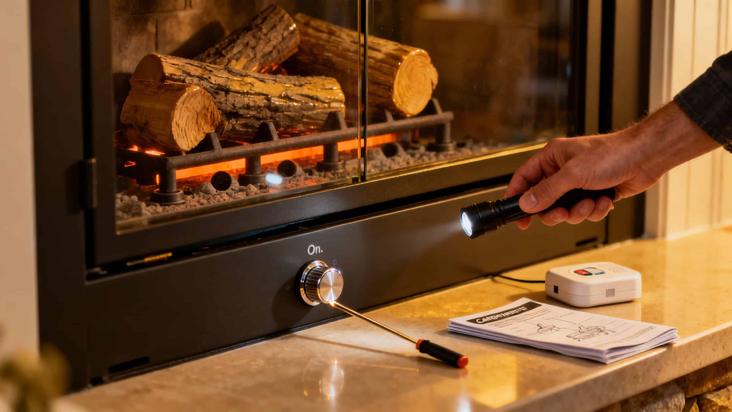 Warm fireplace with logs, expert inspecting or maintaining heating system, cozy home heating setup, efficient wood-burning stove, professional fireplace service.