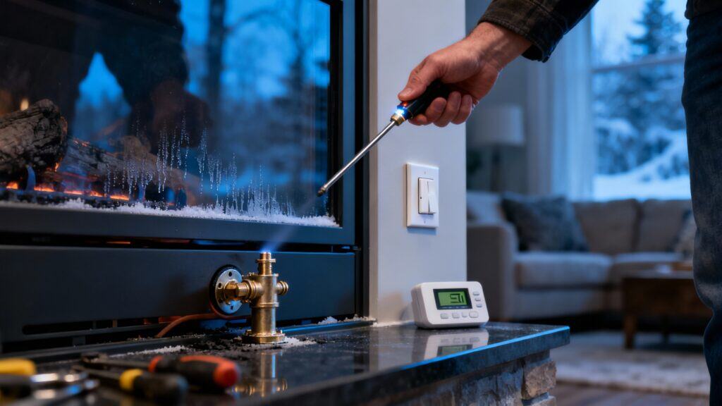 Efficient fireplace maintenance being performed; technician inspecting and troubleshooting the gas fireplace for optimal heating performance in a cozy home.