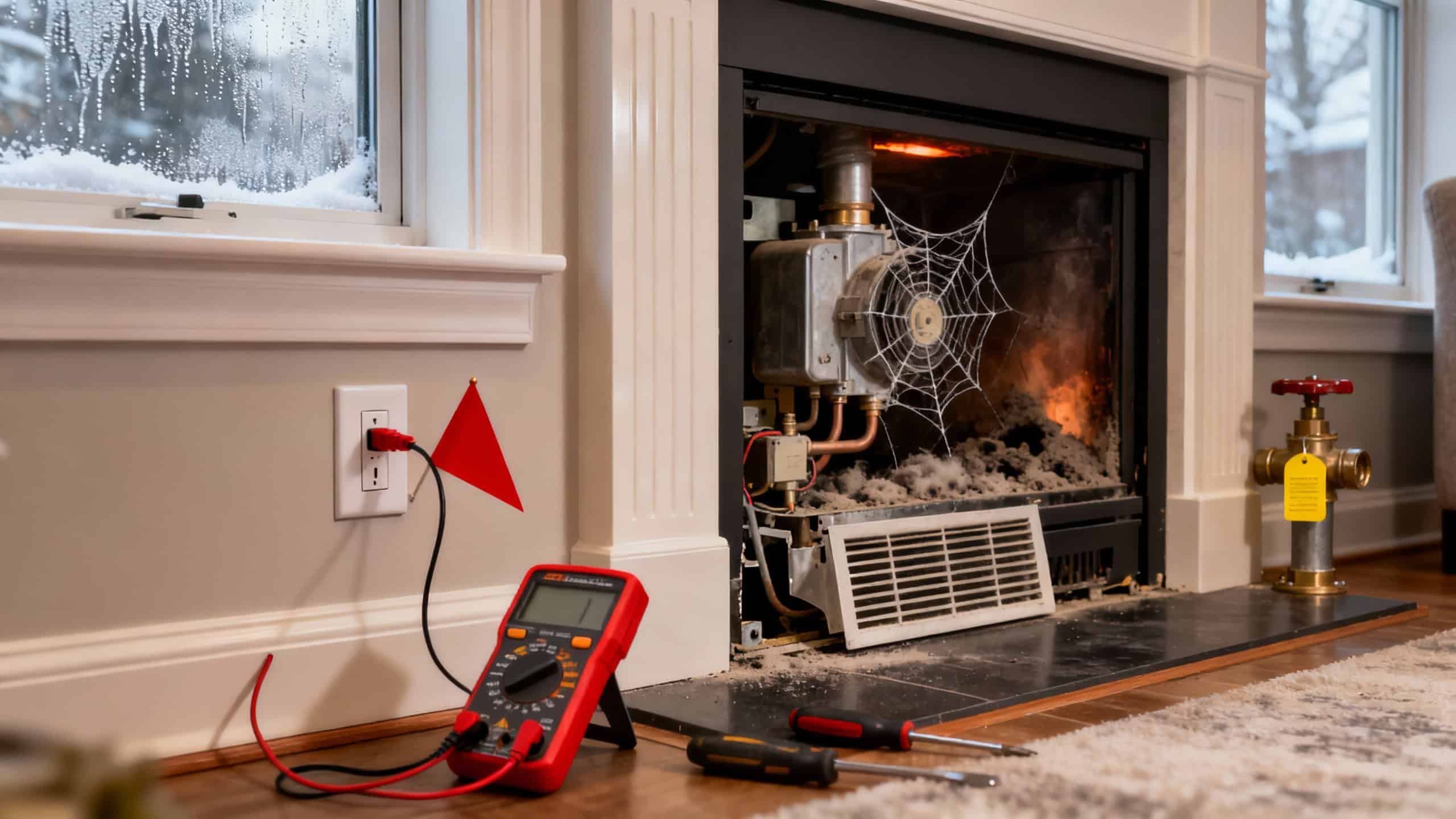 High-efficiency gas fireplace with diagnostic tools, illustrating professional heating service and repair in a cozy home setting.