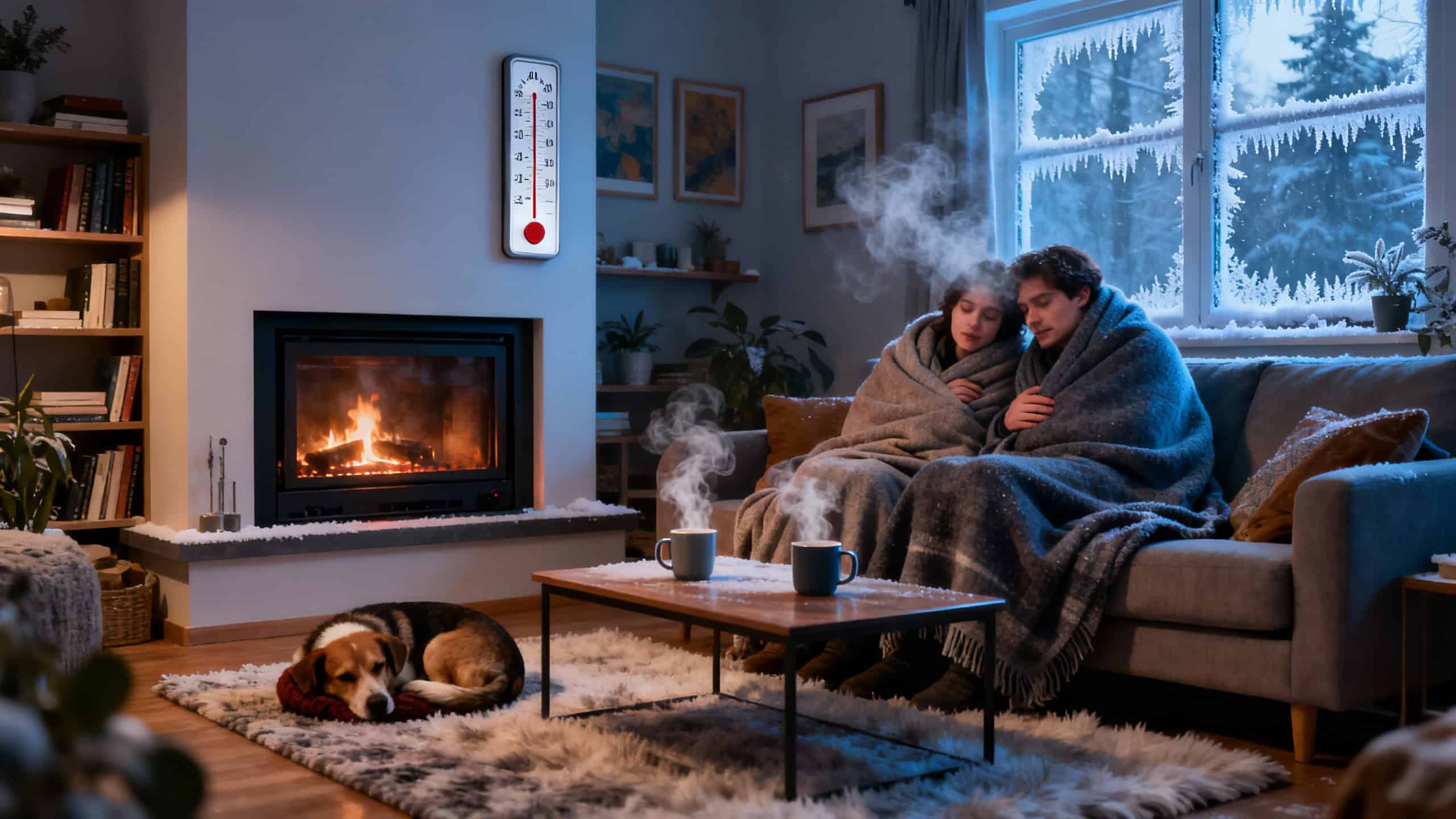Cozy winter living room with fireplace, two people wrapped in blankets, hot drinks, and a dog resting on a rug, highlighting home heating solutions from ALP Heating.