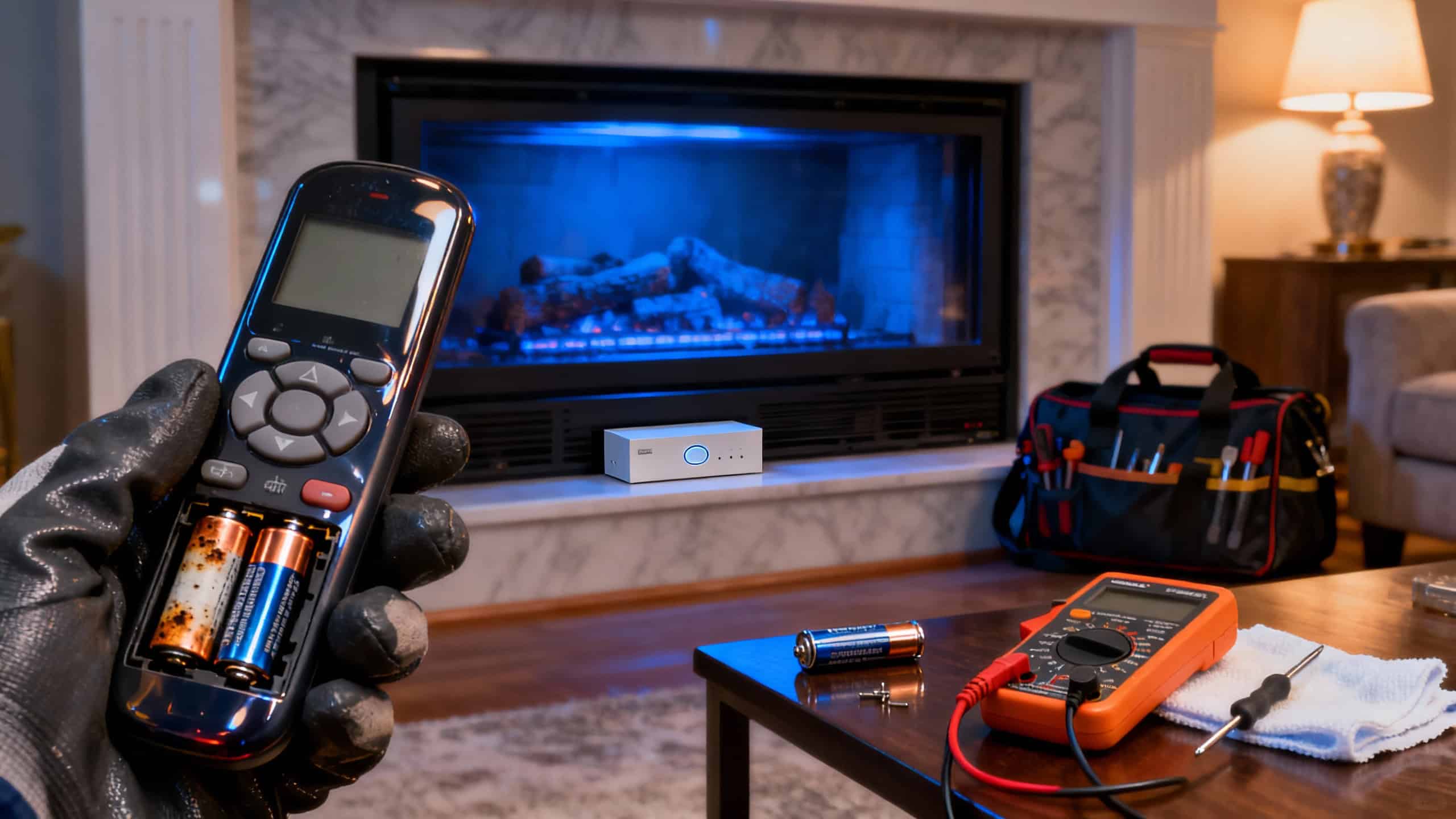 Remote control batteries and IR tester with crack repair tools on wooden table in living room with fireplace, illustrating maintenance and repair of heating systems.