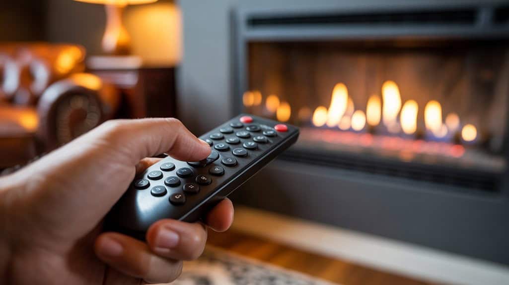 Remote control being used to operate a fireplace or heating stove in a cozy living room setting.