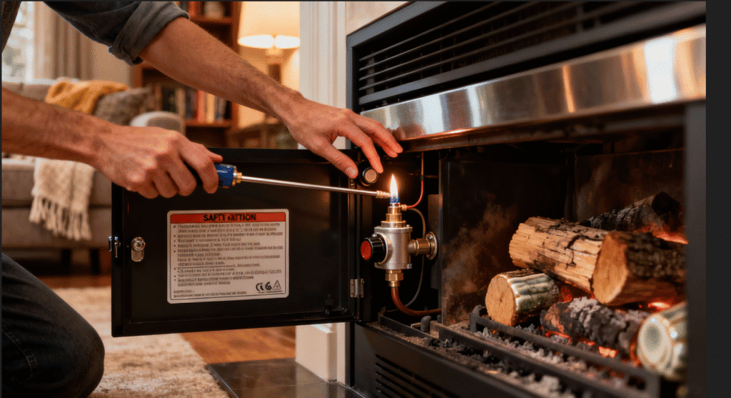 Efficient gas fireplace maintenance by ALP Heating, showcasing professional safety checks and ignition adjustment for optimal heating performance and safety in your home.