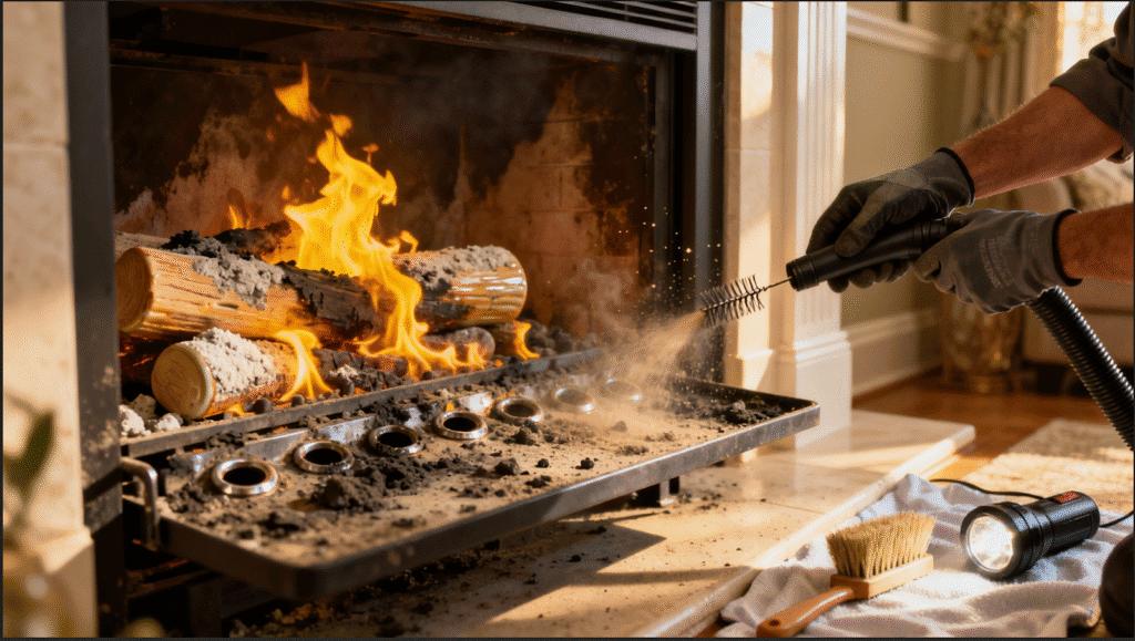 Efficient fireplace cleaning with professional tools, ensuring safe and effective maintenance of wood-burning fireplaces for optimal heating.