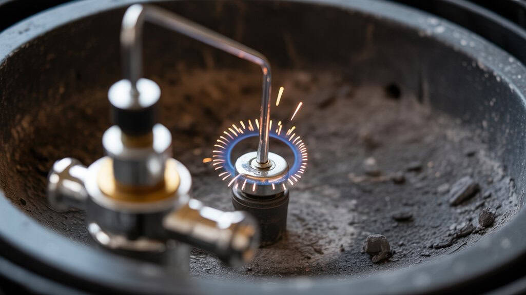 Flame ignition on a gas stove in a grey cast iron pan, close-up of spark igniter, heating and gas appliance technology, ALP Heating services.