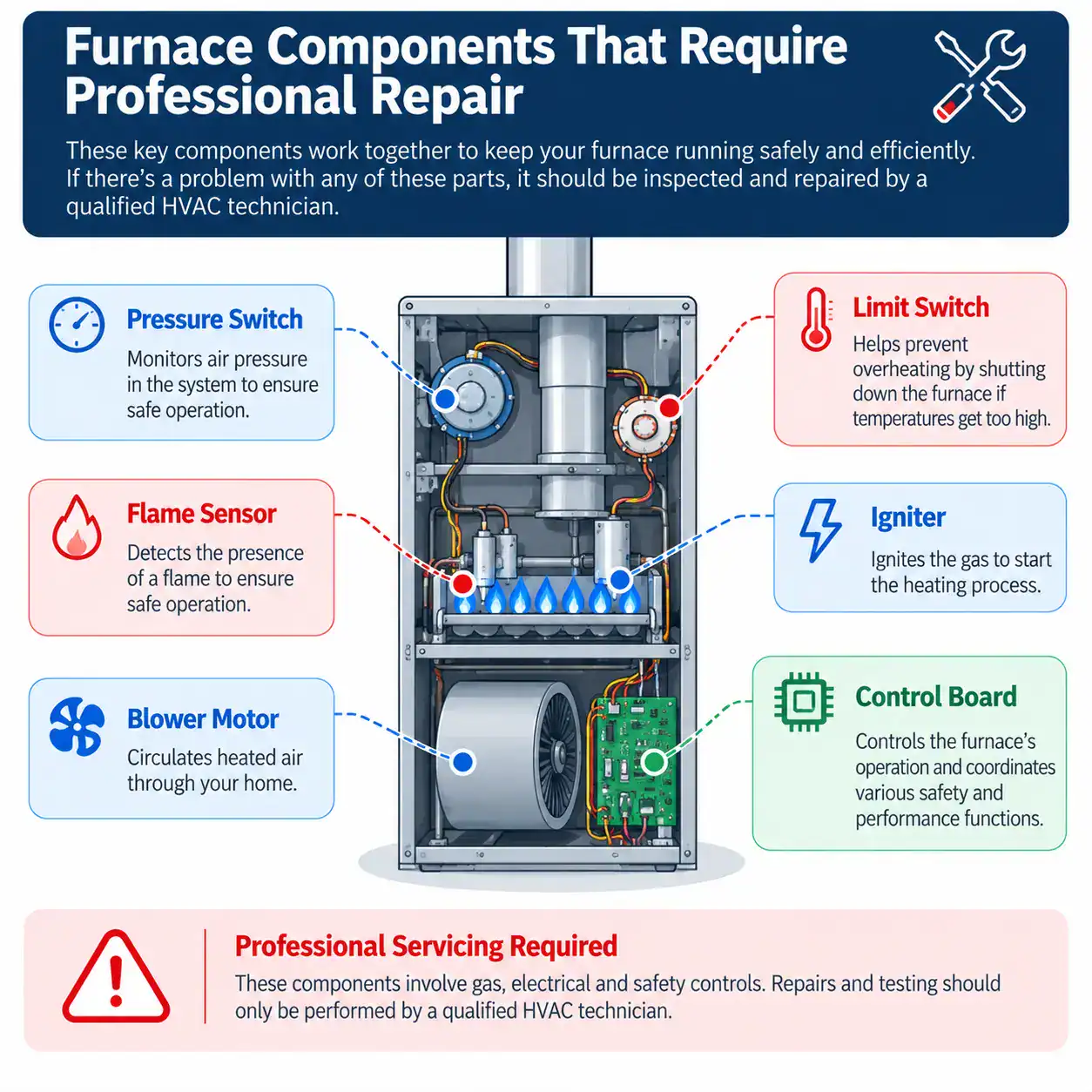 Residential gas furnace components requiring professional repair, including the blower motor, flame sensor, pressure switch, and ignition system.
