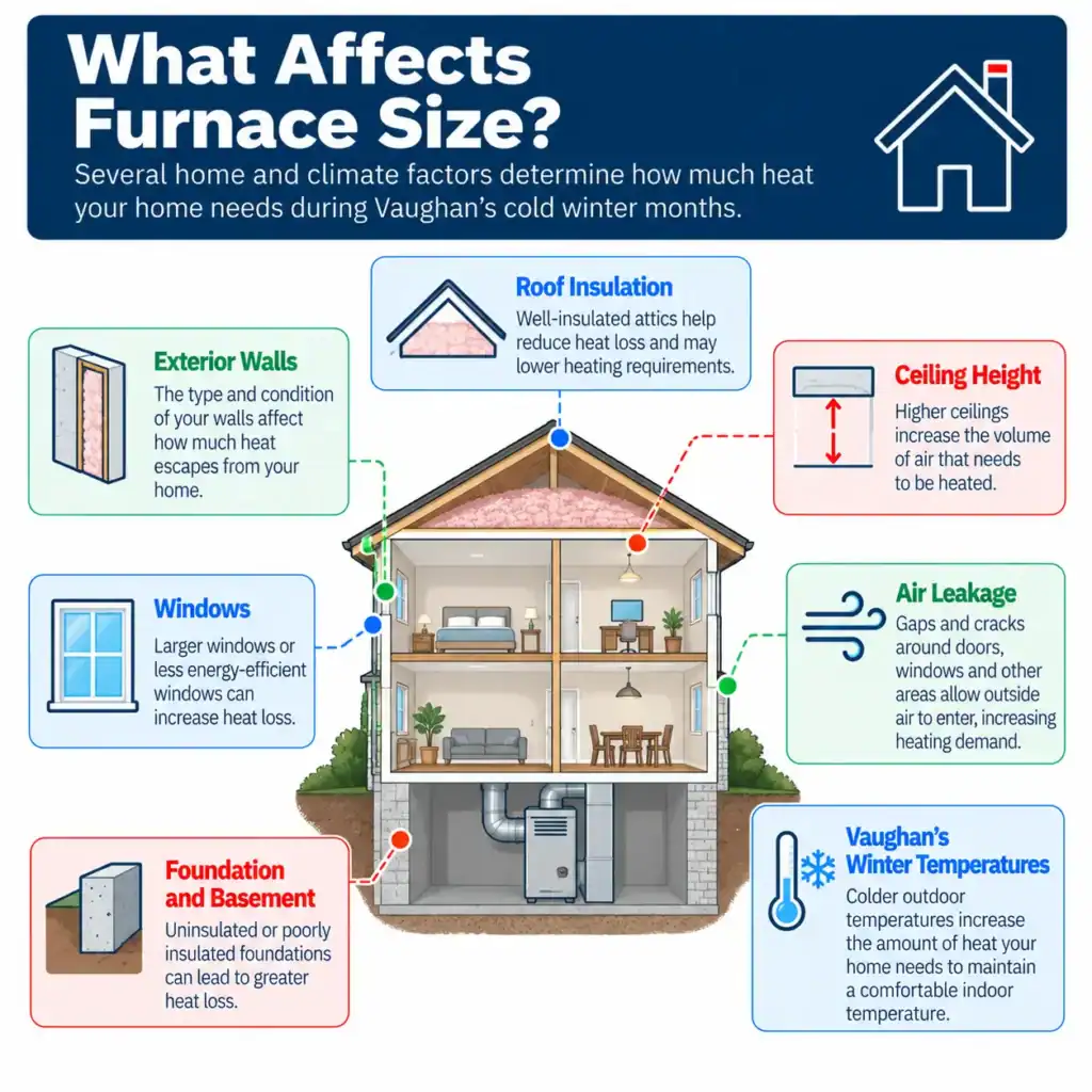 Residential furnace sizing factors including insulation, windows, air leakage, home layout, and Vaughan winter temperatures.